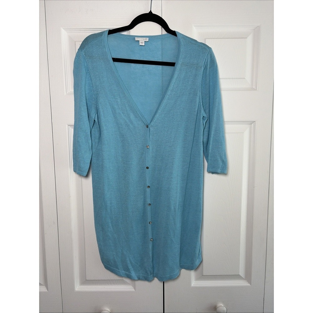 J. Jill Linen Blend Longline Cardigan Womens Size S Blue 3/4 Sleeve Knit Sweater